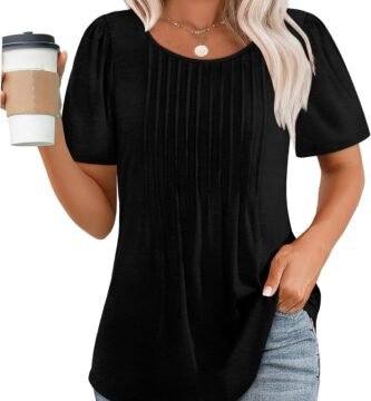 OFEEFAN Womens T Shirts Short Sleeve Pleated Dressy Casual Scooped Neck Summer Tops Blouses