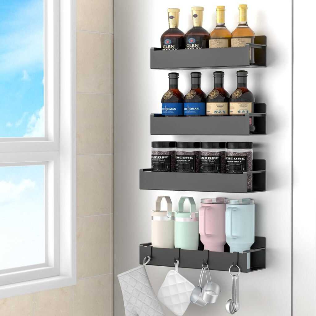 4 Pack Magnetic Spice Storage Rack Organizer for Refrigerator and Oven, Jet Black Fridge Organizers and Storage