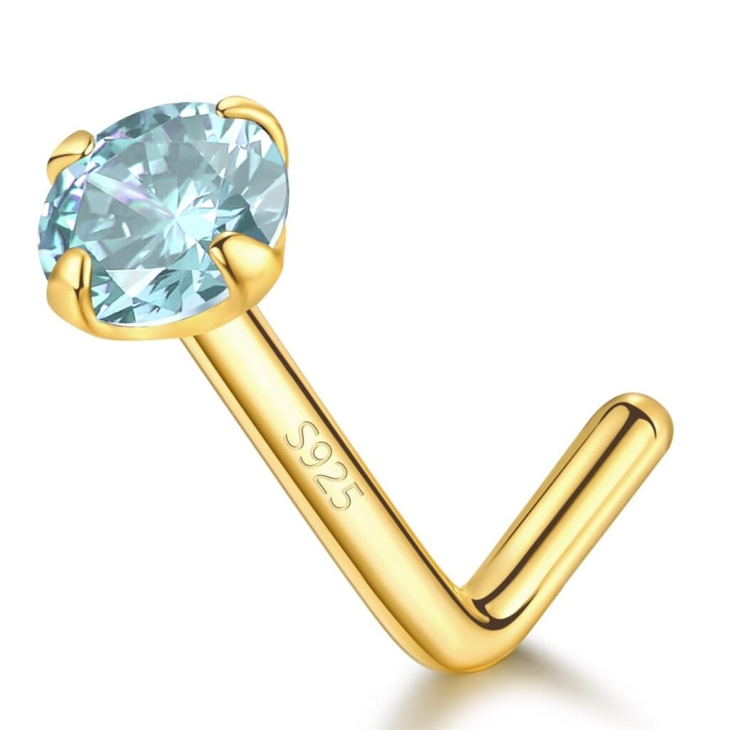 14k Gold Plated Sterling Silver L Shaped Nose Rings Studs for Women Men 20g, Small L Shape Nose Stud, 20 Gauge Nose Piercing Stud, Hypoallergenic Nose Nostril Piercing Jewelry (Gold - Blue Aquamarine)
