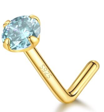 14k Gold Plated Sterling Silver L Shaped Nose Rings Studs for Women Men 20g, Small L Shape Nose Stud, 20 Gauge Nose Piercing Stud, Hypoallergenic Nose Nostril Piercing Jewelry (Gold - Blue Aquamarine)