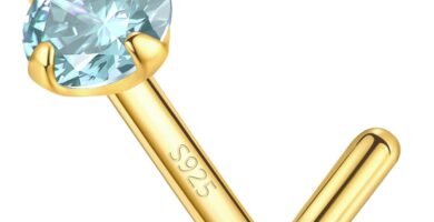 14k Gold Plated Sterling Silver L Shaped Nose Rings Studs for Women Men 20g, Small L Shape Nose Stud, 20 Gauge Nose Piercing Stud, Hypoallergenic Nose Nostril Piercing Jewelry (Gold - Blue Aquamarine)