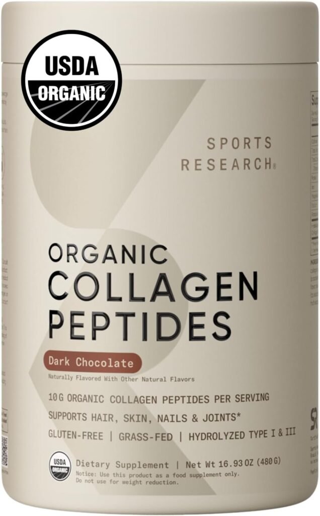 Sports Research® Organic Collagen Peptides (Dark Chocolate) - Hydrolyzed Type I & III Collagen Protein Powder with Amino Acids - USDA Organic, Gluten Free, Sustainably Sourced - 30 Servings