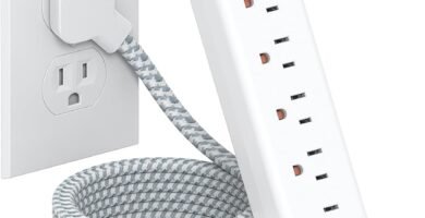Extension Cord 10 ft - Long Power Strip Surge Protector, 6 AC Outlet 4 USB (2 USB C), Flat Plug, Wall Mount, Multi Plug Outlet Extender Desk Charging Station for Home Office Dorm Room Essentials