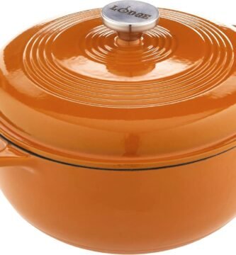Lodge 6 Quart Enameled Cast Iron Dutch Oven with Lid – Dual Handles – Oven Safe up to 500° F or on Stovetop - Use to Marinate, Cook, Bake, Refrigerate and Serve – Apricot