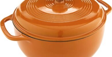 Lodge 6 Quart Enameled Cast Iron Dutch Oven with Lid – Dual Handles – Oven Safe up to 500° F or on Stovetop - Use to Marinate, Cook, Bake, Refrigerate and Serve – Apricot