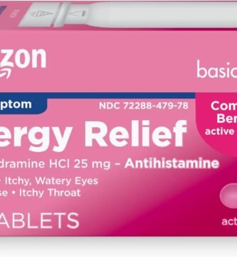 Amazon Basic Care Allergy Relief Diphenhydramine HCl 25 mg, Antihistamine Tablets for Symptoms Due to Hay Fever and Upper Respiratory Allergies, 100 Count