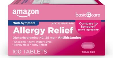 Amazon Basic Care Allergy Relief Diphenhydramine HCl 25 mg, Antihistamine Tablets for Symptoms Due to Hay Fever and Upper Respiratory Allergies, 100 Count