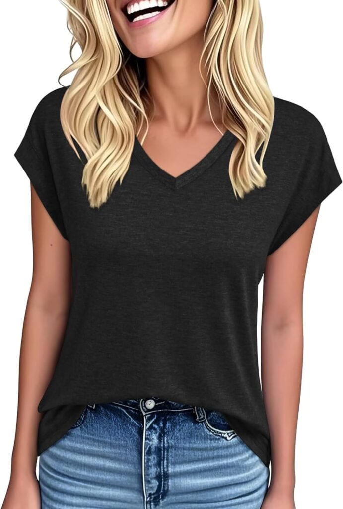 Womens Tops Summer Short Sleeve Shirts V Neck Basic Tees Cap Sleeve T Shirts Casual Trendy Spring Fashion Clothes 2025