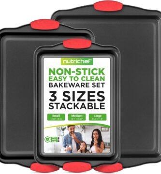 NutriChef 3-Piece Nonstick Kitchen Oven Baking Pans - Premium & Stylish Non-Stick Steel, Commercial Grade Restaurant Quality Metal Bakeware with Red Silicone Handles - Easy to Clean, NCSBS3S