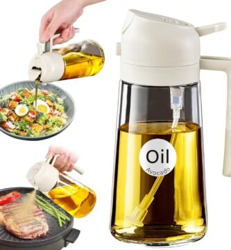 YRRAMATE 16oz/470ml Glass Olive Oil Sprayer for Cooking with Stickers, 2 in 1 Oil Dispenser for Kitchen Gadgets, Food Grade Premium Spray Bottle for Salad, Frying, BBQ (Creamy White)