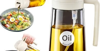 YRRAMATE 16oz/470ml Glass Olive Oil Sprayer for Cooking with Stickers, 2 in 1 Oil Dispenser for Kitchen Gadgets, Food Grade Premium Spray Bottle for Salad, Frying, BBQ (Creamy White)