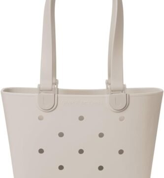 Simple Modern Medium Beach Bag | Waterproof Getaway Rubber Tote with Zipper Pocket for Travel, Pool, Boat, Groceries, Sports | Almond Birch