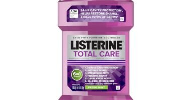Listerine Total Care Anticavity Fluoride Mouthwash, 6 Benefits in 1 Oral Rinse Helps Kill 99% of Bad Breath Germs, Prevents Cavities, Strengthens Teeth, ADA-Accepted, Fresh Mint, 1 L
