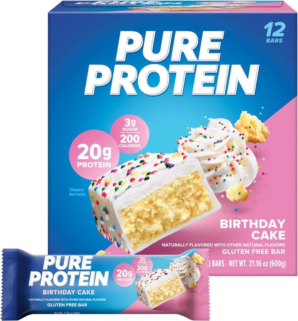 Pure Protein Bars, High Protein, Nutritious Snacks to Support Energy, Low Sugar, Gluten Free, Birthday Cake, 1.76 oz, Pack of 12 (Packaging May Vary)