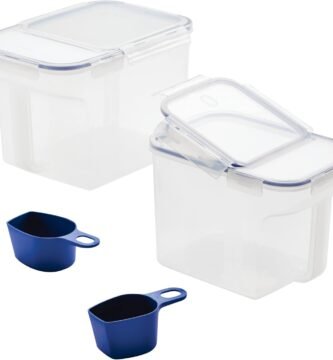 LocknLock Easy Essentials Container and Scoop Food Storage Bin Set, BPA-Free/Dishwasher Safe, 4 Piece, Clear