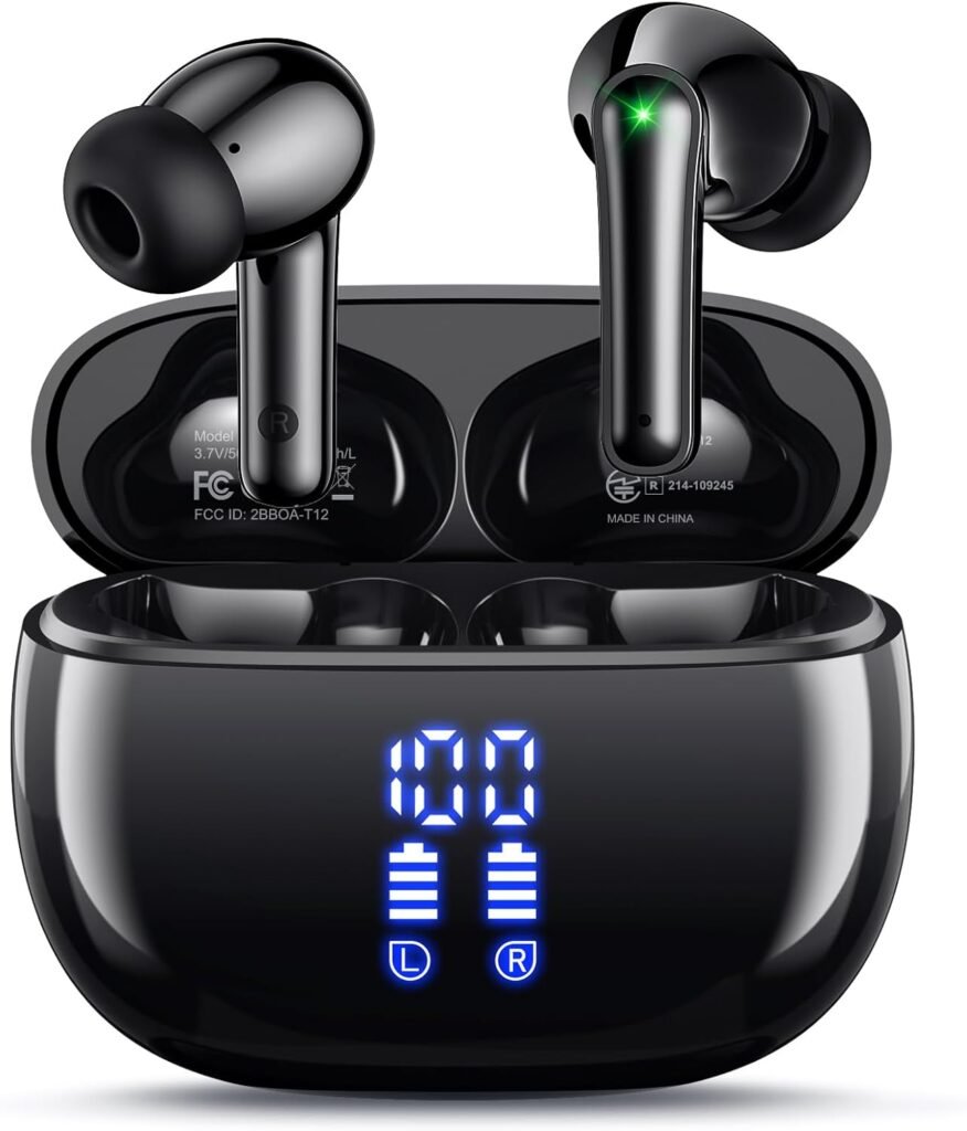 Wireless Earbuds Bluetooth Headphones, Ear Buds with Deep Bass, 40H Long Playtime, LED Power Display, IP7 in Ear Earphone with Mic for iPhone Android Phone Sports Workout, Black