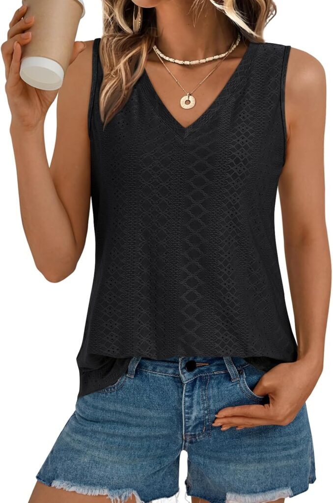 AUTOMET Women Summer Tank Top Eyelet Embroidery 2025 Vacation Sleeveless V Neck Loose Fit Shirt Spring Fashion Casual Clothes