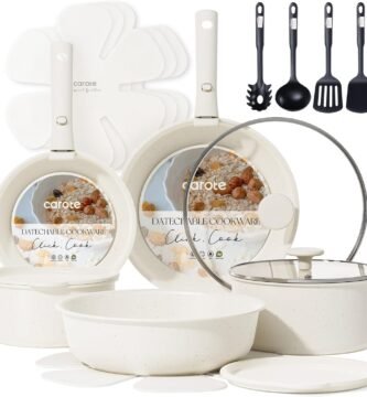 CAROTE 19pcs Pots and Pans Set Non Stick, Cookware Sets, Kitchen Set, Oven/Fridge Safe, Space Saving Pots Set, Nonstick Cooking Set with Versatile Detachable Handle, Induction RV Set, Cream White