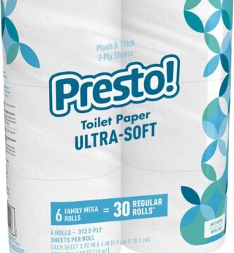 Amazon Brand - Presto! 2-Ply Ultra-Soft Toilet Paper, 6 Family Mega Rolls = 30 regular rolls, 1878 Count (6 roll of 313 sheets), Unscented, White