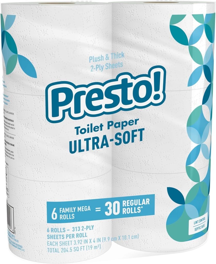 Amazon Brand - Presto! 2-Ply Ultra-Soft Toilet Paper, 6 Family Mega Rolls = 30 regular rolls, 1878 Count (6 roll of 313 sheets), Unscented, White