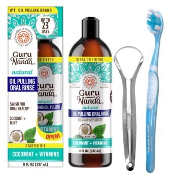 GuruNanda CocoMint Oil Pulling Mouthwash for Complete Oral Hygiene, 7 Essential Oils & Vitamins for Happy Teeth & Gums & Fresh Breath , Alcohol-Free, 8 oz