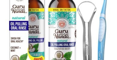 GuruNanda CocoMint Oil Pulling Mouthwash for Complete Oral Hygiene, 7 Essential Oils & Vitamins for Happy Teeth & Gums & Fresh Breath , Alcohol-Free, 8 oz