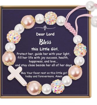 SERENEY Pearl Cross Bracelet as First Communion, Baptism, Christian, Catholic, Confirmation Gifts for Teen Girls, Religious Bracelets as Faith Based Gifts for Daughter Niece Granddaughter