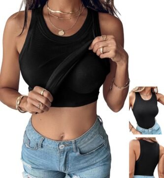 CHICME Women Built-in Bra Tank Tops Sleeveless Casual Shirts Racerback Ribbed Fitted Tank Tops