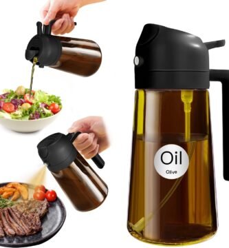 YARRAMATE 16oz/470ml Light Blocking Oil Sprayer for Cooking with Stickers, Food-Grade 2 in 1 Olive Oil Dispenser Bottle for Kitchen, Premium Dark Amber Glass Oil Bottle for Air Fryer, BBQ (Black)