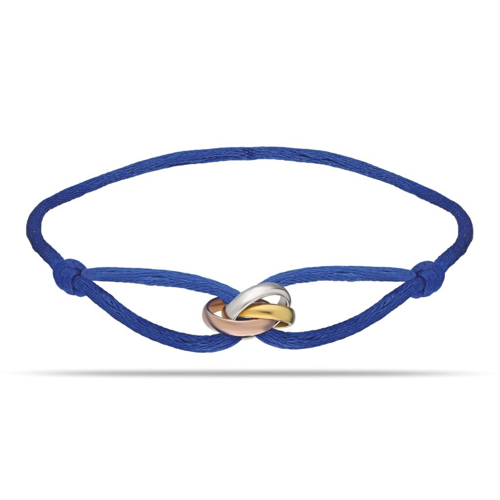 Joy-D Trinity Bracelet - Blue String Bracelet with 3 Colors Trinity Ring, Adjustable Cord, Sterling Silver Women&Men Bracelet, Gold Jewelry, Perfect Gift for Her&Him