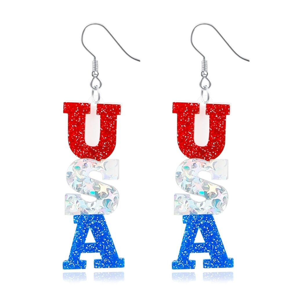 USA Earrings for Women, 4th of July Earrings Dangle Red White and Blue Earrings for Girls Lightweight Acrylic American Flag Earrings Fourth of July Accessories Patriotic Independence Day Gifts
