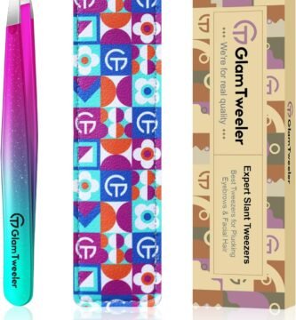 Expert Slant Tip Tweezers with Leather Case, GlamTweeler Sharp & Precision Stainless Steel Tweezer for Eyebrows, Facial Hair and Fine Hairs Removal (Sparkle Purple & Turquoise)