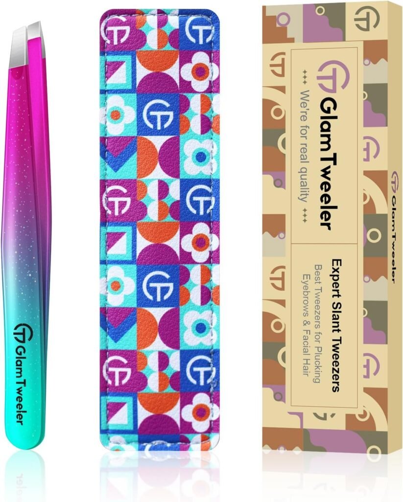 Expert Slant Tip Tweezers with Leather Case, GlamTweeler Sharp & Precision Stainless Steel Tweezer for Eyebrows, Facial Hair and Fine Hairs Removal (Sparkle Purple & Turquoise)