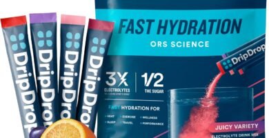 DripDrop Hydration Packets - Juicy Variety Pack - Single Serve Electrolytes Powder Drink Mix - Grape, Fruit Punch, Strawberry Lemonade, Cherry - Non-GMO, Gluten Free, Vegan - 16 Sticks