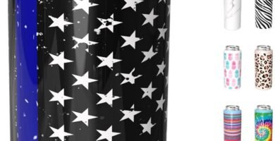 TILUCK Skinny Can Cooler for Slim Beer & Hard Seltzer, Stainless Steel, Doucle-Walled Stainless Steel Insulated Slim Cans, Standard 12 oz (Black U.S. Flag)