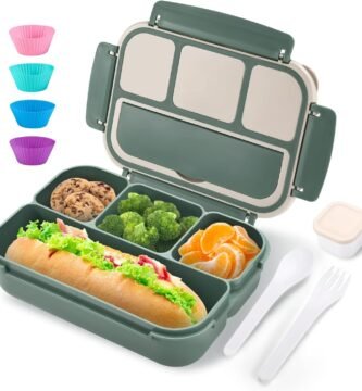 Bento Box Adult Lunch Box for Men Women, Bento Lunch Box for Kids Boys Girls School, Lunch Containers for Adults with 4 Compartments, Utensil set, Sauce Container, Muffin Cup, Dark Green
