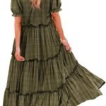 YESNO Summer Casual Bohemian Floral Dresses for Women Puff Short Sleeve Long Maxi Dress with Pockets ETX