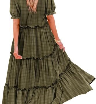 YESNO Summer Casual Bohemian Floral Dresses for Women Puff Short Sleeve Long Maxi Dress with Pockets ETX