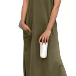 GRECERELLE 2025 Women Year-Round Casual Round Neck Loose Split Wrinkle-Free Long Maxi Vacation Dress with Pockets (XS-3XL)