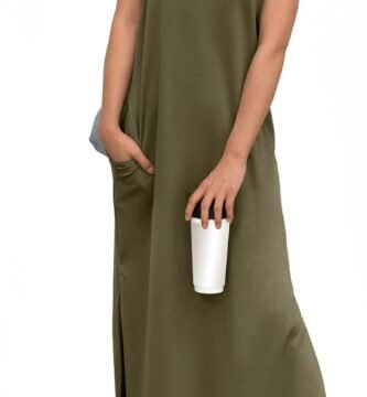 GRECERELLE 2025 Women Year-Round Casual Round Neck Loose Split Wrinkle-Free Long Maxi Vacation Dress with Pockets (XS-3XL)