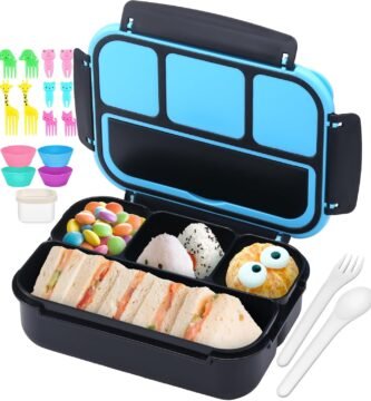 QQKO Bento Box for Kids Adults, School Toddler Lunch Box for Boys Girls, Lunch Box Containers with 4 Compartments, Sauce Container, Utensils, Food Picks and Muffin Cups for School, Black Blue