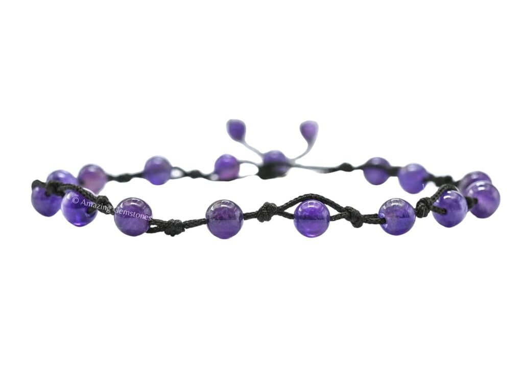 Amethyst Anklet Ankle Bracelets for Women - Waterproof Beaded Healing Crystal Anklets, Plus Size Chakra Gemstone Bead Anklet (Stretchy Adjustable - Hand Knotted)