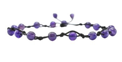 Amethyst Anklet Ankle Bracelets for Women - Waterproof Beaded Healing Crystal Anklets, Plus Size Chakra Gemstone Bead Anklet (Stretchy Adjustable - Hand Knotted)