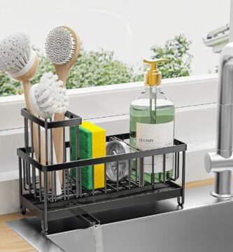 Cisily Black Sponge Holder for Kitchen Sink, Sink Caddy Organizer with High Brush Holder, Kitchen Countertop Organizers and Storage Essentials, Rustproof 304 Stainless Steel, Soap Dispenser Organize
