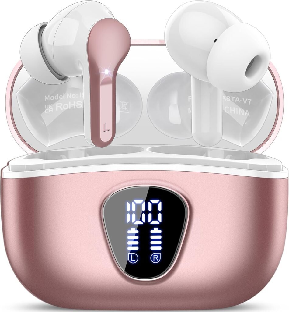 Wireless Earbuds, Bluetooth 5.4 Headphones HiFi Stereo, Bluetooth Earbuds with ENC Noise Cancelling Mic, IP7 Waterproof in Ear Earphones, 48H, LED Display Ear buds for Pad Workout Sports, Rose Gold