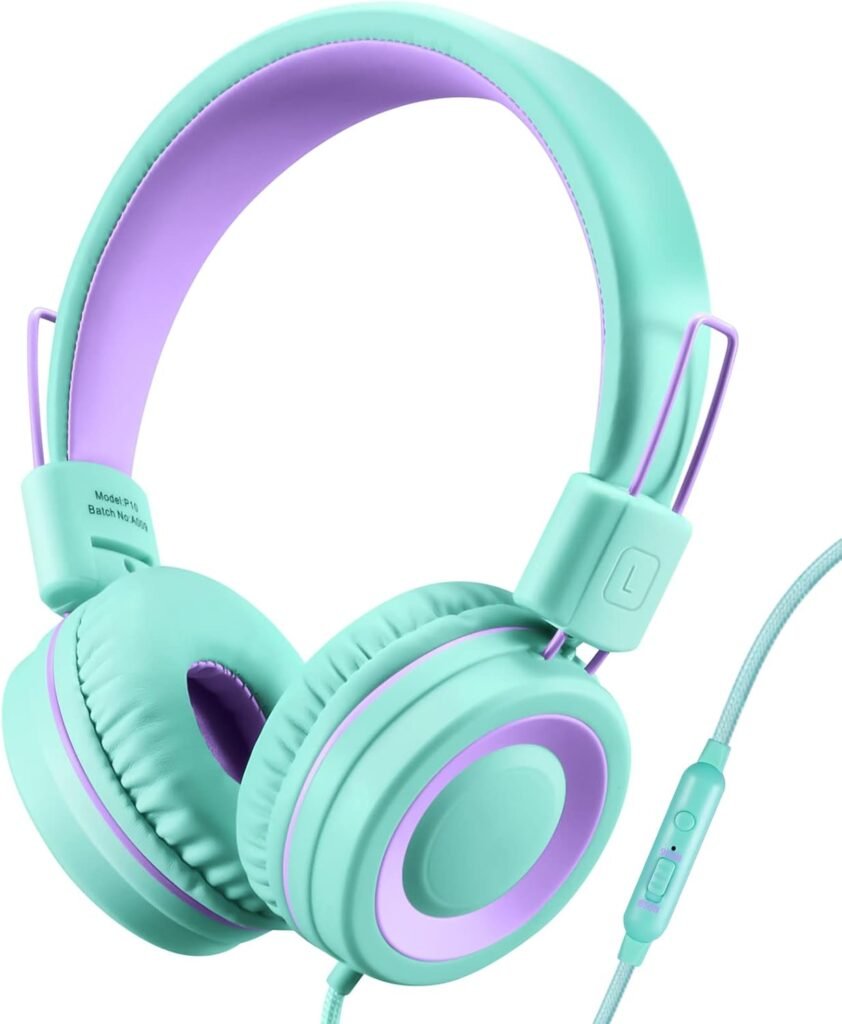 P10 Kids Headphones with Microphone Stereo Headphones for Children Boys Girls,Adjustable 85dB/94dB Volume Control Foldable On-Ear Headphone with Microphone for School/PC/Cellphone(Green)